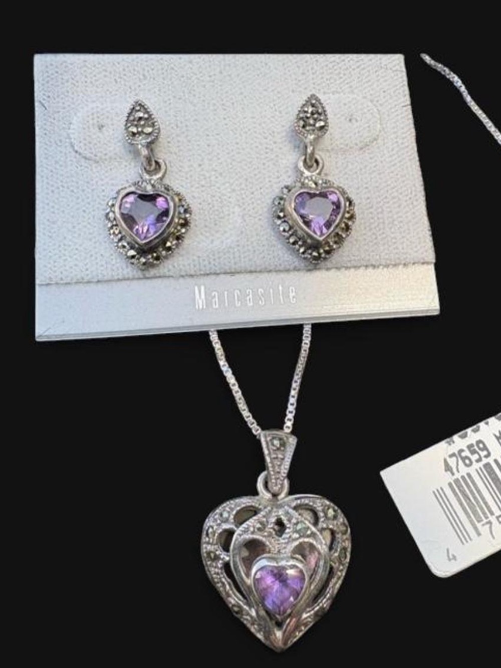 Hillard & Hanson Purple sterling Silver marcasite Earrings & heart locket